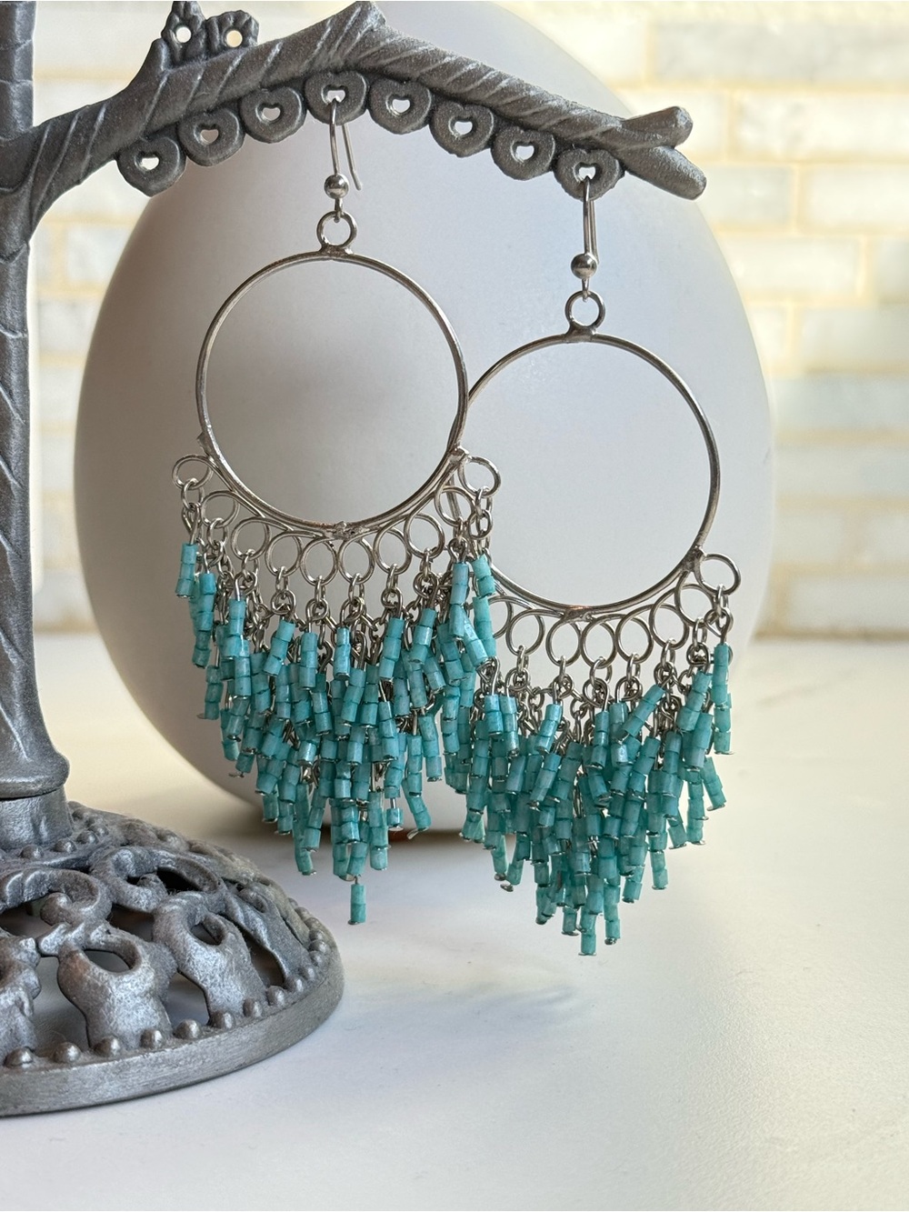 Turquoise Fringe Hoop Earrings - Women Jewelry